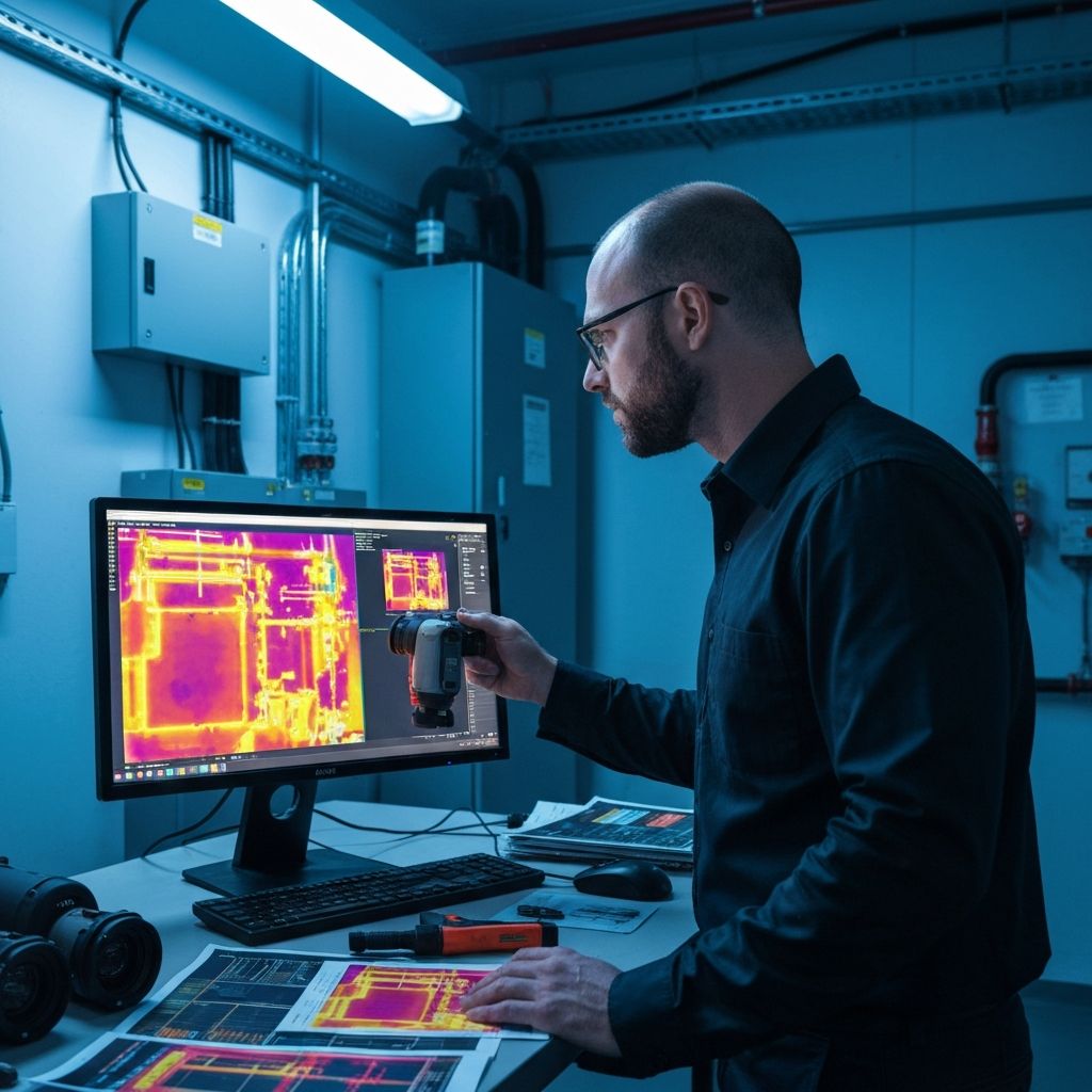 Forensic technician analyzing thermal imaging results in commercial building